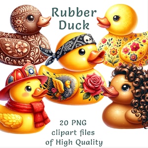 Conjunto de clipart de pato de borracha, 20 PNGs de aquarela para uso comercial, patos fofos para a hora do banho, arte digital de decoração de berçário, decorações de chá de bebê