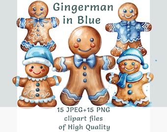Gingerbread Man-clipart | 15 png-jpeg | Aquarel koekjes clipart | Bundel digitale blauwe gemberstickers met sublimatieprint voor commercieel gebruik