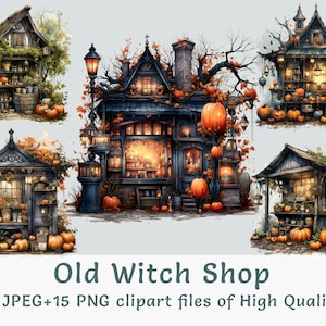 Halloween Witch House Clipart - 15 Watercolor PNG and JPEG, Spooky Cottage Digital Art for Commercial Use, Instant Download Old Manor