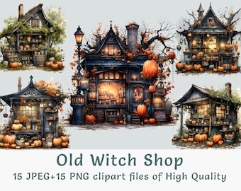 Halloween-clipartbundel, 15 png-jpeg-waterverfheksenhuisstickers voor commercieel gebruik en sublimatieprint, afdrukbaar spookachtig landhuis