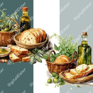May include: A still life featuring two bottles of olive oil, fresh herbs, and bread. The bread is arranged in a basket and on a wooden platter. The herbs are green and leafy, and the bottles are clear glass with green olive oil.