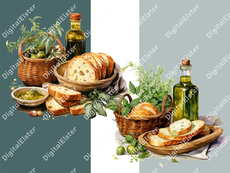 May include: A still life featuring two bottles of olive oil, fresh herbs, and bread. The bread is arranged in a basket and on a wooden platter. The herbs are green and leafy, and the bottles are clear glass with green olive oil.