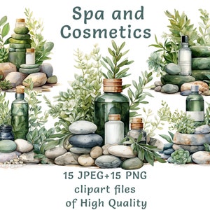 Akwarela spa clipart 15, Wysokiej jakości PNG i JPEG, kosmetyki clipart, użycie komercyjne, tajskie kamienie do masażu, wydruki wellness eco