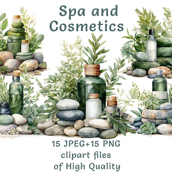 Watercolor spa clipart 15, High quality PNG and JPEG, cosmetics clipart, commercial use, thai massage stones, printables wellness eco