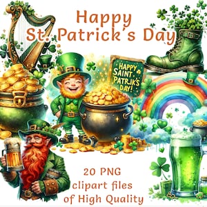 Op de afbeelding: Een set van 20 digitale clipart-afbeeldingen met verschillende illustraties met een St. Patrick's Day-thema, waaronder een kabouter, een pot met goud, een harp, een regenboog, een laars, een bierglas en klavertjesvier. De tekst "Happy St. Patrick's Day" en "Happy Saint Patriks Day!" is ook inbegrepen.