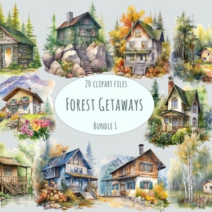 Zomerclipart | Zomerhuis-clipart | 20 png-bestanden | Commercieel gebruik | Cottagecore-clipart | Verborgen retraite | Vissen in het meer | Aquarelkunst