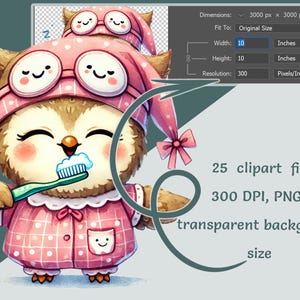 Clipart adorable hibou endormi | Illustrations de la routine nocturne et des tâches ménagères | Hiboux mignons se brossant le bec, lavant le visage relaxant | Art numérique PNG