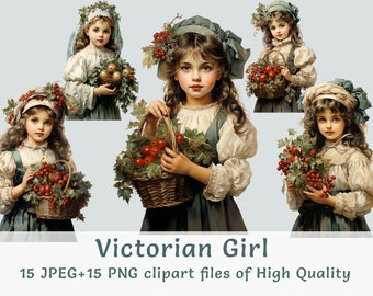 Victorian Girl with Fruit Basket Clipart Collection - 15 Watercolor PNG and JPEG Files, Commercial Use, Vintage Digital Art Printables