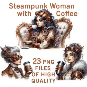 Steampunk Clipart | 23 PNG Files | Watercolor Coffee clipart | Woman with gears stickers | Food Clipart | Vintage Printables, Commercial Use