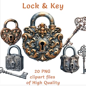 Zamek i klucz akwarelowy Clipart - 20 plików PNG w stylu vintage, wykwintny antyczny design do użytku komercyjnego, idealny do rękodzieła i dekoracji