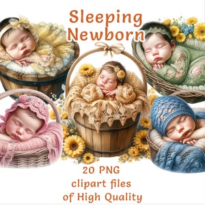 Zestaw clipartów dla noworodków, niemowlęta w koszykach, idealne na zaproszenia na baby shower, 20 naklejek akwarelowych do pokoju dziecięcego, do użytku komercyjnego, sztuka fotografii