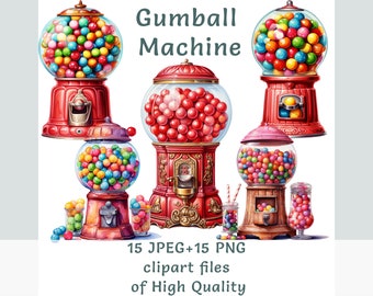 Clipart maszyny do gumy do żucia, 15 wysokiej jakości PNG i JPEG, maszyna do gumy do żucia, ilustracja automatu vendingowego, cottagecore do użytku komercyjnego sztuka kulinarna