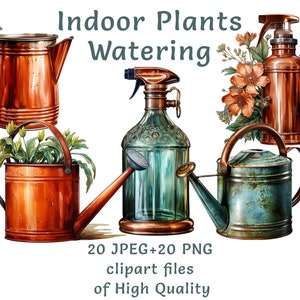 Clipart di giardinaggio vintage annaffiatoio: 20 PNG e JPEG, arte del giardino rustico dell'acquerello, adesivi Cottagecore per strumenti in rame per uso commerciale