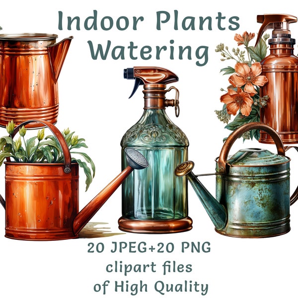 Vintage Watering Can Gardening Clipart: 20 PNG & JPEG, Watercolor Rustic Garden Art, Commercial Use Copper Tools Cottagecore Stickers