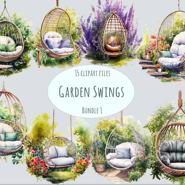Watercolor swings clipart, 15 high quality PNG, Comfy garden seat instant download, commercial use printables woven sessel balcony stickers