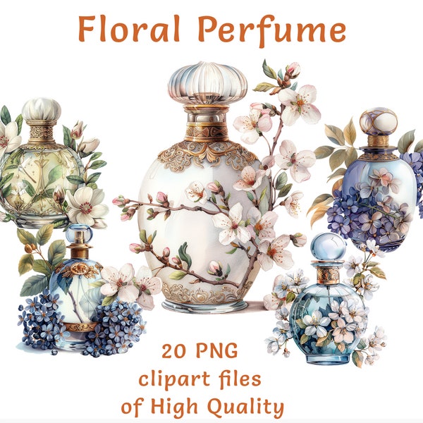 Perfume Bottle Clipart Set - Watercolor Vintage Floral Vials, Flower Essence Graphics, 20 PNGs, Commercial Use, Romantic Digital Design