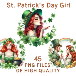 Clipart fille de la Saint-Patrick | 45 PNG | Illustrations Irish Leprechaun Woman et trèfle pour sublimation, stickers | Motifs de la Saint-Patrick