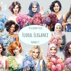 Hortensie Clipart | 25 PNG-DATEIEN | Aquarell Frauen Clipart | Kommerzielle Nutzung Blumenaufkleber | Sublimationsdruck-Brautpaket | Hochzeitskunst