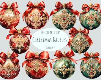 Könnte beinhalten: Eine Sammlung von Weihnachtsbaumkugeln in Rot und Grün mit goldenen Filigranmustern und roten Schleifen. Der Text "20 Clipart Files Christmas Baubles Bundle 2" ist ebenfalls enthalten. Ideal für weihnachtliche Bastelarbeiten und Designs.