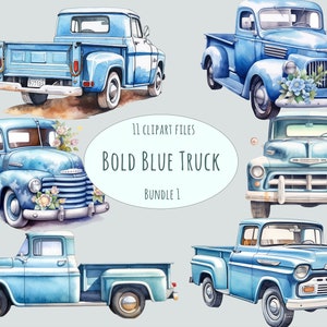 Clipart de camionnette américaine bleu, 11 illustrations de camion vintage aquarelle en PNG, graphiques automobiles classiques, imprimables pour usage commercial