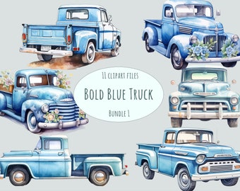 Blue American Pickup Truck Clipart, 11 Watercolor Vintage Truck Illustrations in PNG, Classic Automobile Graphics, Commercial Use Printables