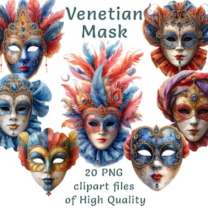 Maske Clipart | 20 PNG | Aquarell venezianische Clipart | Kommerzielle Nutzung digital Karneval Bundle | Sublimationsdruck festliches italienisches Erbe