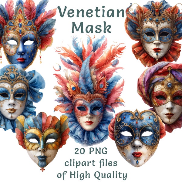 Venetian Mask Clipart: 20 Watercolor PNGs, Perfect for Carnival Masquerade Designs & Commercial Use, Instant Download, Italy Venice Stickers