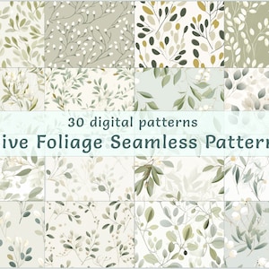 Può includere: Un set di 30 motivi digitali senza cuciture che presentano fogliame di olivo in varie tonalità di verde, bianco e beige. I motivi sono perfetti per creare sfondi, carta da regalo o design di tessuti.