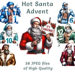 Adventsafbeeldingen | 38 JPEG | Aquarel kerstman clipart | Commercieel gebruik knappe kerstman sublimatieprint | Leeg bord | Decembernummers