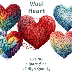 Clipart di cuori lavorati a maglia, 20 acquerelli di prodotti caldi, PNG di alta qualità, arte lavorata a maglia con filati e lana, decorazione murale per lavori a maglia per uso commerciale