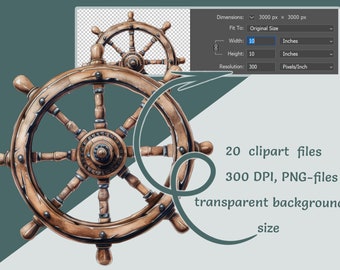 Op de afbeelding: Een aquarel-illustratie van een houten scheepsrad met acht spaken en een bruine leren rand. Het wiel heeft een gedetailleerd ontwerp met metalen accenten en een centrale naaf. De achtergrond is transparant.
