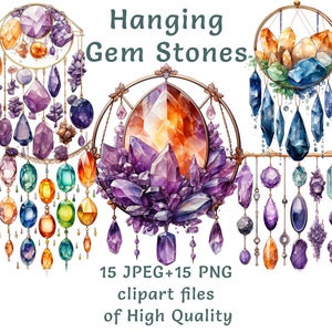 Clipart attrape-soleil, 15 illustrations de gemme de cristal aquarelle PNG et JPEG, graphismes à usage commercial reflet de lumière rayonnante pour décoration de chambre d'enfant