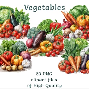 May include: A watercolor illustration of a variety of vegetables, including red tomatoes, green broccoli, yellow peppers, purple eggplant, and white garlic. The vegetables are arranged in a cluster on a white background. The text "Vegetables" is written in black at the top of the image.