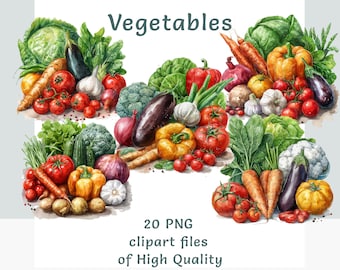 Watercolor Vegetable Clipart, 20 Harvest Produce PNGs, Fresh Farm Fresh Food Graphics, Kitchen Decor Art, Commercial Use