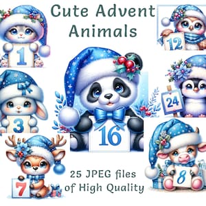 May include: A collection of cute, cartoon-style Advent animals, each wearing a blue winter hat and holding a sign with a number. The animals include a cat, rabbit, owl, penguin, panda, deer, and cow. The text "Cute Advent Animals" is at the top.