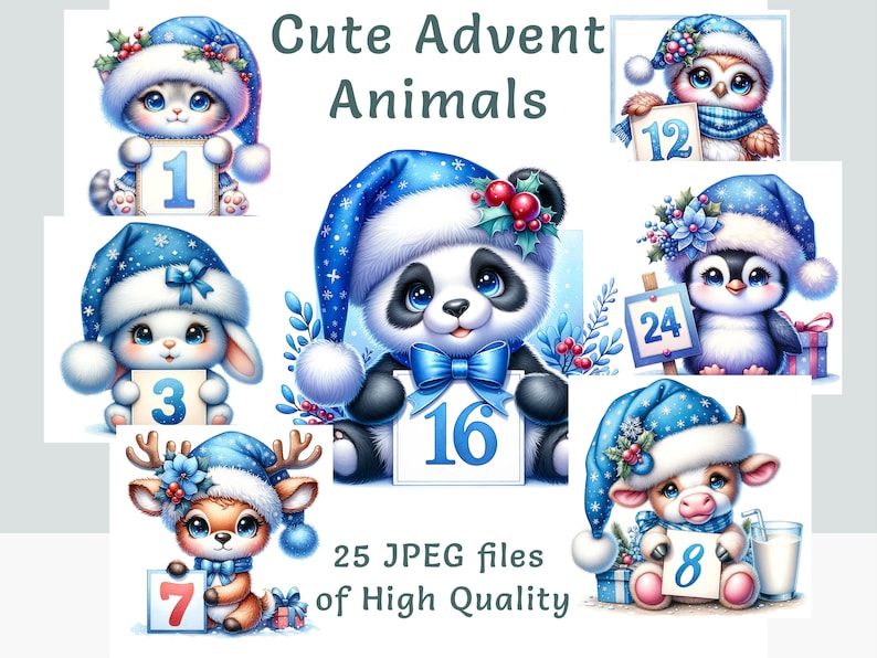 May include: A collection of cute, cartoon-style Advent animals, each wearing a blue winter hat and holding a sign with a number. The animals include a cat, rabbit, owl, penguin, panda, deer, and cow. The text "Cute Advent Animals" is at the top.