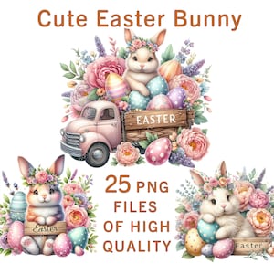 May include: Cute Easter bunny illustrations with floral arrangements and pastel colors. The bunnies are wearing flower crowns and holding Easter eggs. The text "Easter" is on a wooden sign. 25 PNG files of high quality.