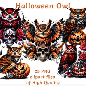 Búho de Halloween con imágenes prediseñadas de calabaza, 25 diseños de acuarela PNG, perfecto para scrapbooking, decoración y proyectos de bricolaje, uso comercial