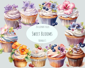 Cupcake Clipart Bundle, Watercolor dessert sticker set, Commercial use food clipart, Sublimation print homemade transparent png art