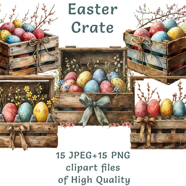 Rustic Easter Egg Crate Watercolor Set: 15 PNG and JPEG Files for Commercial Use, Perfect for Unique Spring Crafts, Cottagecore Decorations