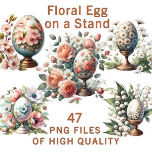 Clipart de huevo de Pascua / 47 PNG de huevos vintage y flores de primavera / Sublimación floral de acuarela, clipart de Pascua, pegatinas, decoración navideña de temporada