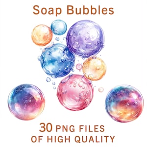 Clipart de burbujas de jabón / 30 archivos PNG / Decoración de guardería con acuarela / Imprimibles de arcoíris para uso comercial / Impresión por sublimación, clipart para revelar el género