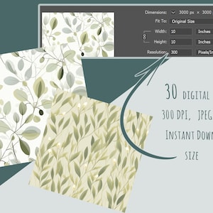 Clipart di modelli acquerello oliva senza soluzione di continuità - 30 file JPEG, carta digitale ispirata al Mediterraneo per uso commerciale, piastrelle di fogliame floreale