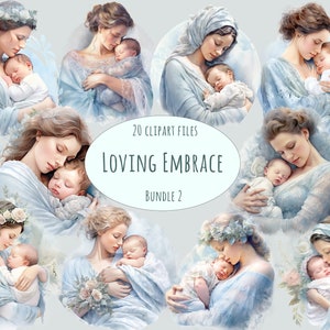 Clipart de recién nacido, 20 pegatinas de acuarela para madre y bebé de alta calidad en PNG, imprimibles para baby shower en color azul para uso comercial