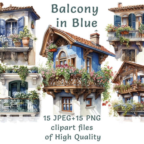 Blue Balcony Watercolor Clipart Set - 15 PNG and JPEG Images, Perfect for Commercial Projects & Creative Designs, Greek balcony stickers