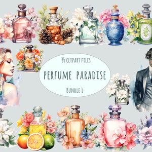 Paquete de imágenes prediseñadas de perfumes: 35 frascos de fragancias PNG, retratos, arte floral de lujo, sublimación de belleza con acuarela, calcomanías, marcas, manualidades