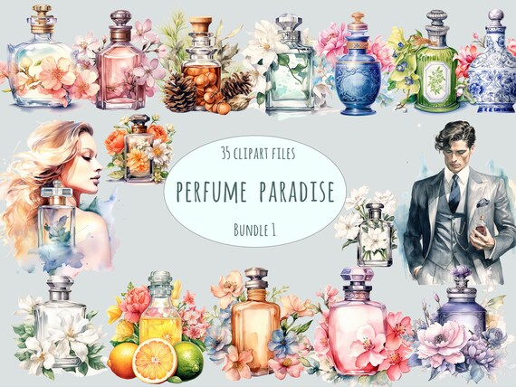 Perfume Clipart Bundle, Watercolor fragrance clipart, Commercial use floral sticker set, Sublimation print wedding transparent decor art