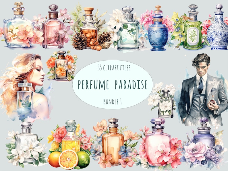 Luxury perfume clipart set featuring 35 high-resolution PNG files of elegant fragrance bottles, floral arrangements, citrus notes, and vintage-inspired designs. Transparent backgrounds make these illustrations perfect for sublimation, stickers, branding, and beauty-themed projects.