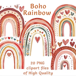Kolekcja clipartów Boho Rainbow: 20 unikalnych obrazów PNG w stylu akwareli do dekoracji pokoju i pokoju dziecięcego, do użytku kreatywnego i komercyjnego, do natychmiastowego pobrania