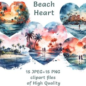 Collection de cliparts plage amour, mer en forme de coeur & vacances de la Saint-Valentin, 15 PNG, JPEG, thème aquarelle, usage commercial, art escapade romantique